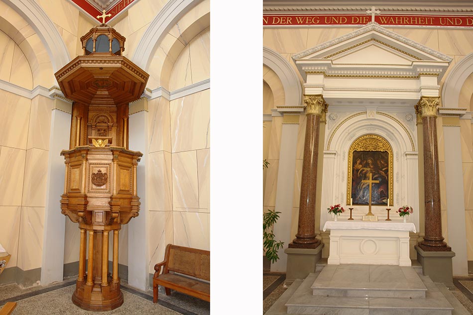 Kanzel (links) und Altar mit Daniel-Cresp-Gemälde