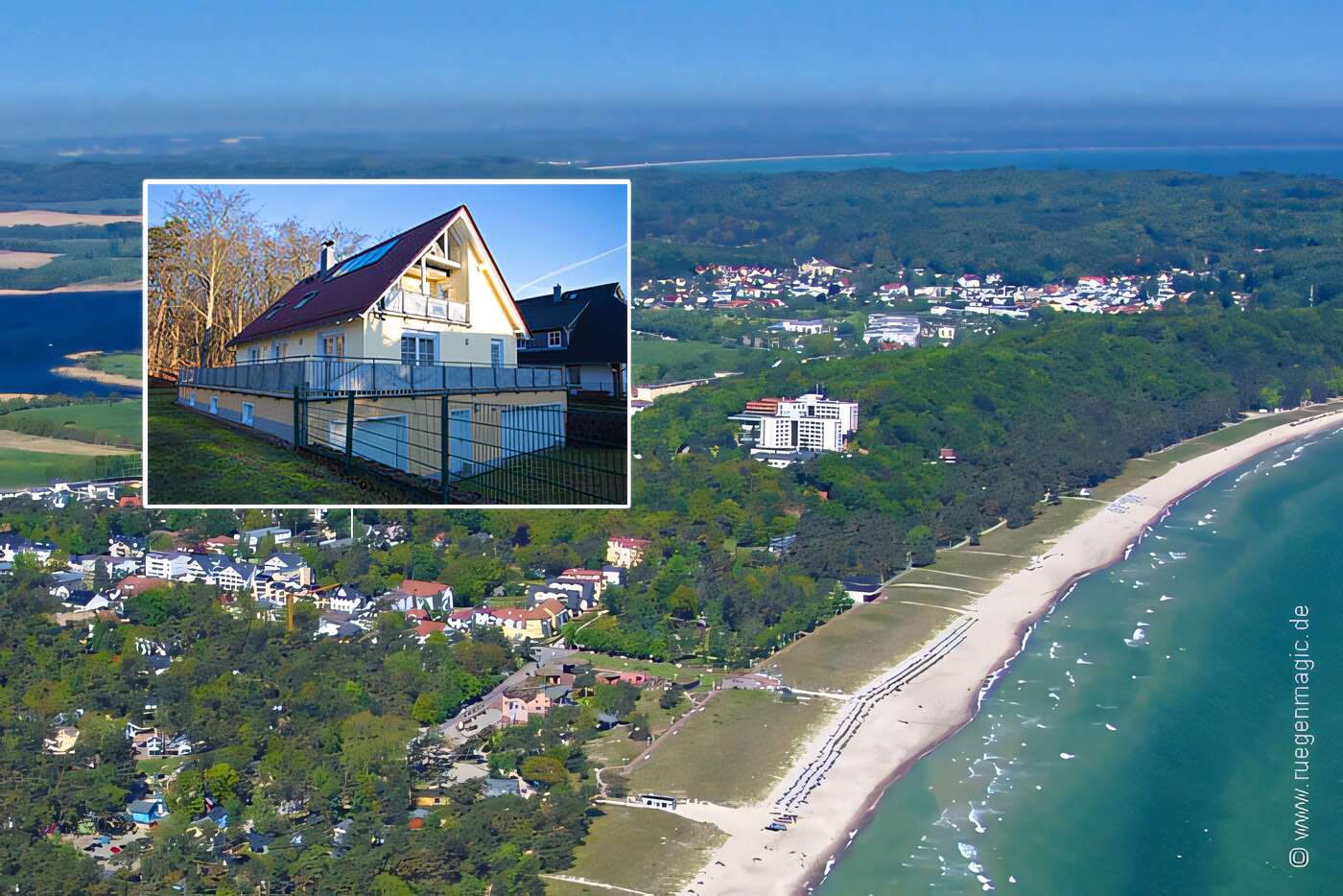 Luftaufnahme des Ostseebades Baabe mit Lage der Ferienwohnungen