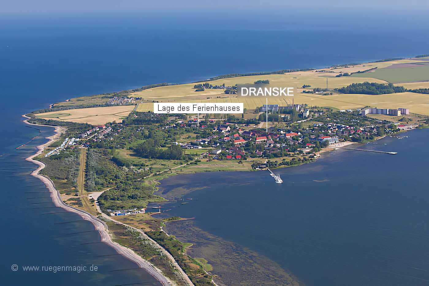 Luftaufnahme von Dranske mit Lage des Ferienhauses