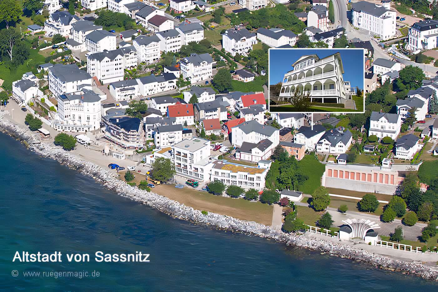 Luftaufnahme von Sassnitz, mit Lage der Ferienwohnung in der Villa Quisisana